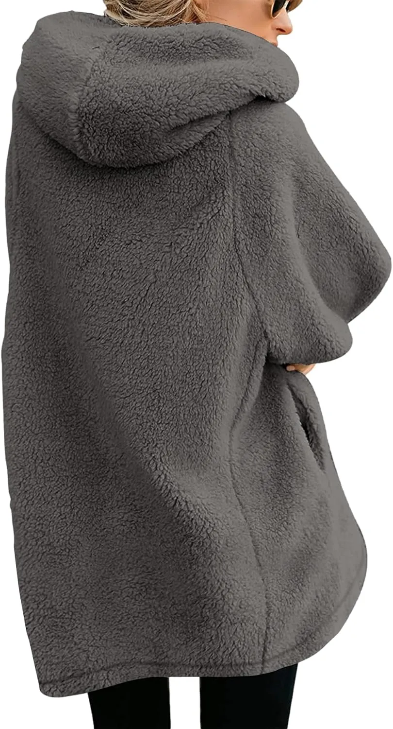 ReachMe Womens Fleece Zip Up Jacket with Pockets Oversized Long Sherpa Hoodie Fuzzy Jackets Warm Teddy Coat