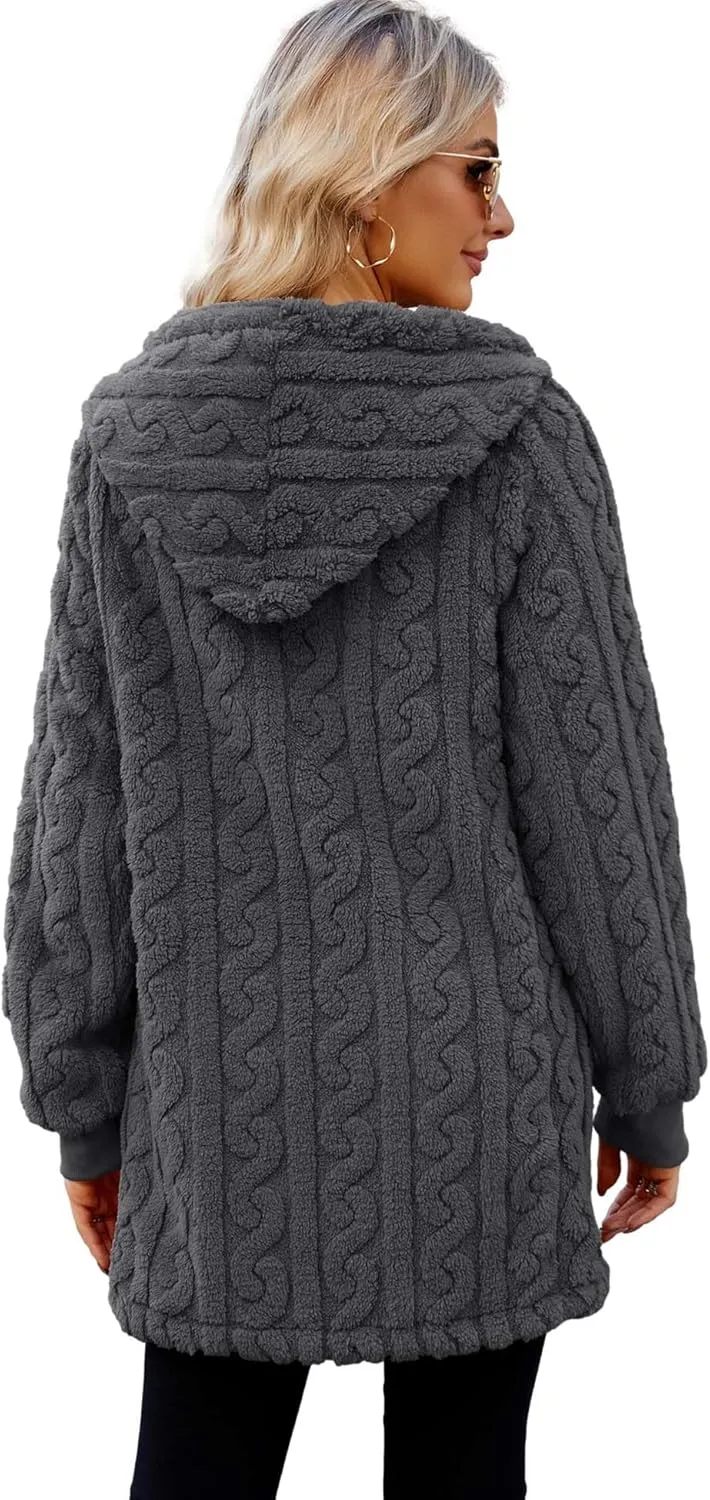 ReachMe Womens Fleece Zip Up Jacket with Pockets Oversized Long Sherpa Hoodie Fuzzy Jackets Warm Teddy Coat