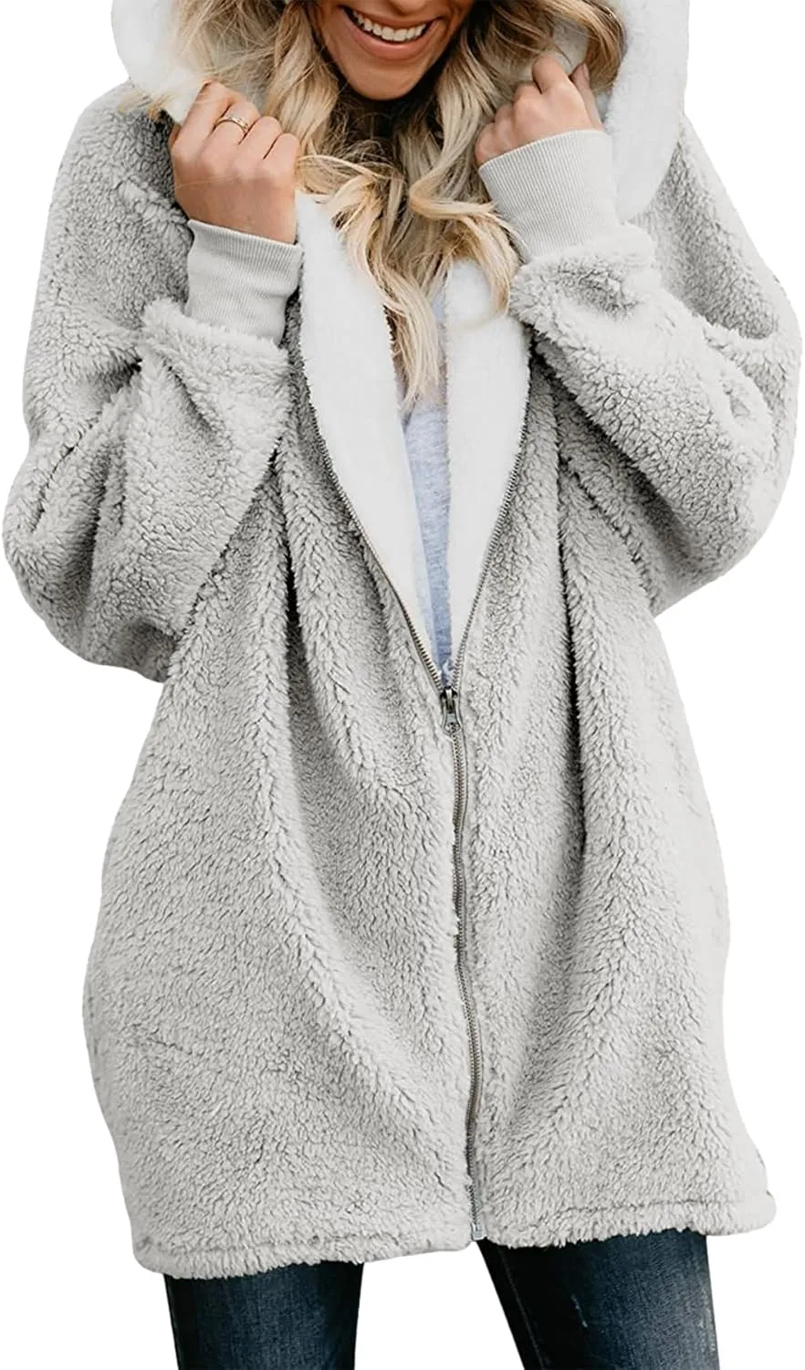 ReachMe Womens Fleece Zip Up Jacket with Pockets Oversized Long Sherpa Hoodie Fuzzy Jackets Warm Teddy Coat