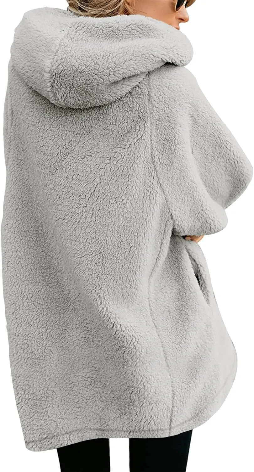 ReachMe Womens Fleece Zip Up Jacket with Pockets Oversized Long Sherpa Hoodie Fuzzy Jackets Warm Teddy Coat