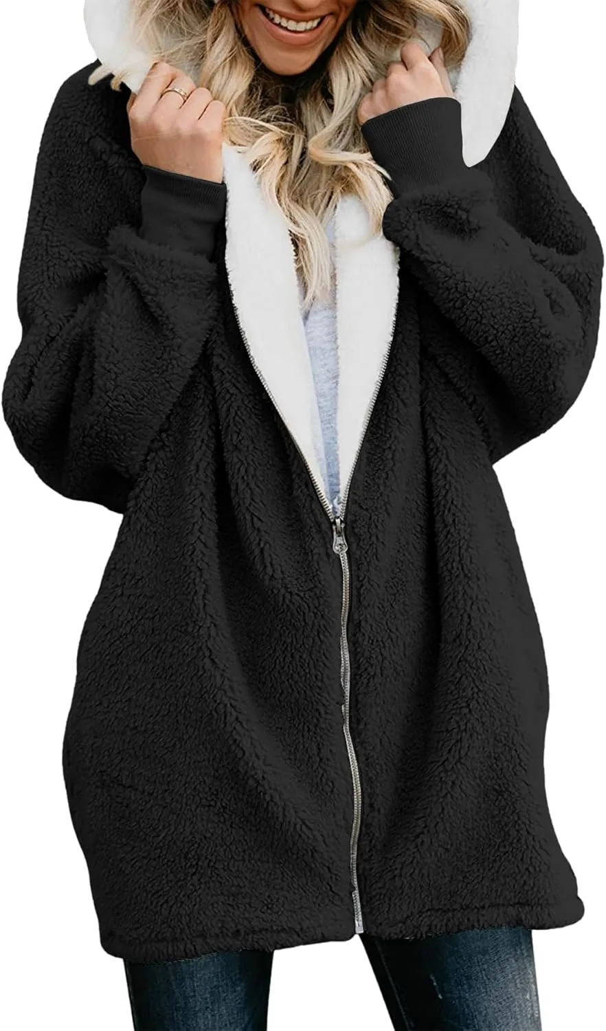 ReachMe Womens Fleece Zip Up Jacket with Pockets Oversized Long Sherpa Hoodie Fuzzy Jackets Warm Teddy Coat