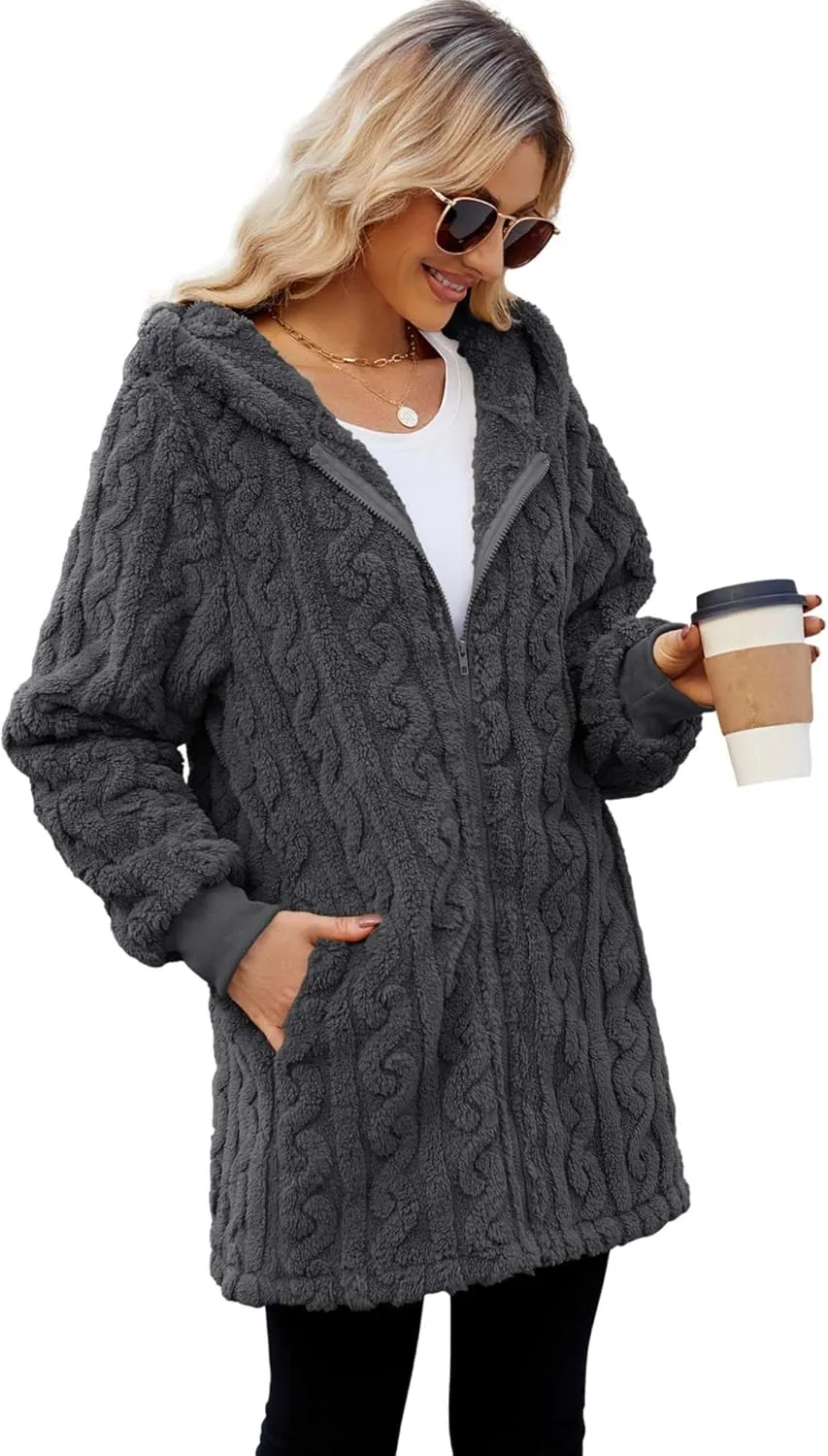 ReachMe Womens Fleece Zip Up Jacket with Pockets Oversized Long Sherpa Hoodie Fuzzy Jackets Warm Teddy Coat