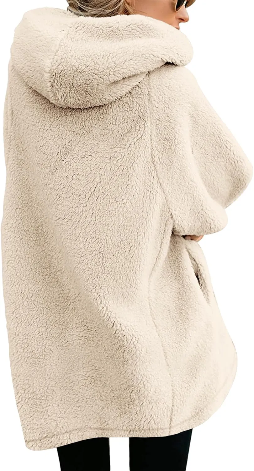 ReachMe Womens Fleece Zip Up Jacket with Pockets Oversized Long Sherpa Hoodie Fuzzy Jackets Warm Teddy Coat