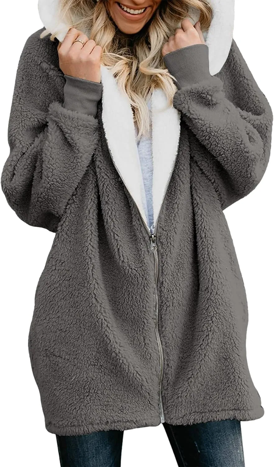 ReachMe Womens Fleece Zip Up Jacket with Pockets Oversized Long Sherpa Hoodie Fuzzy Jackets Warm Teddy Coat