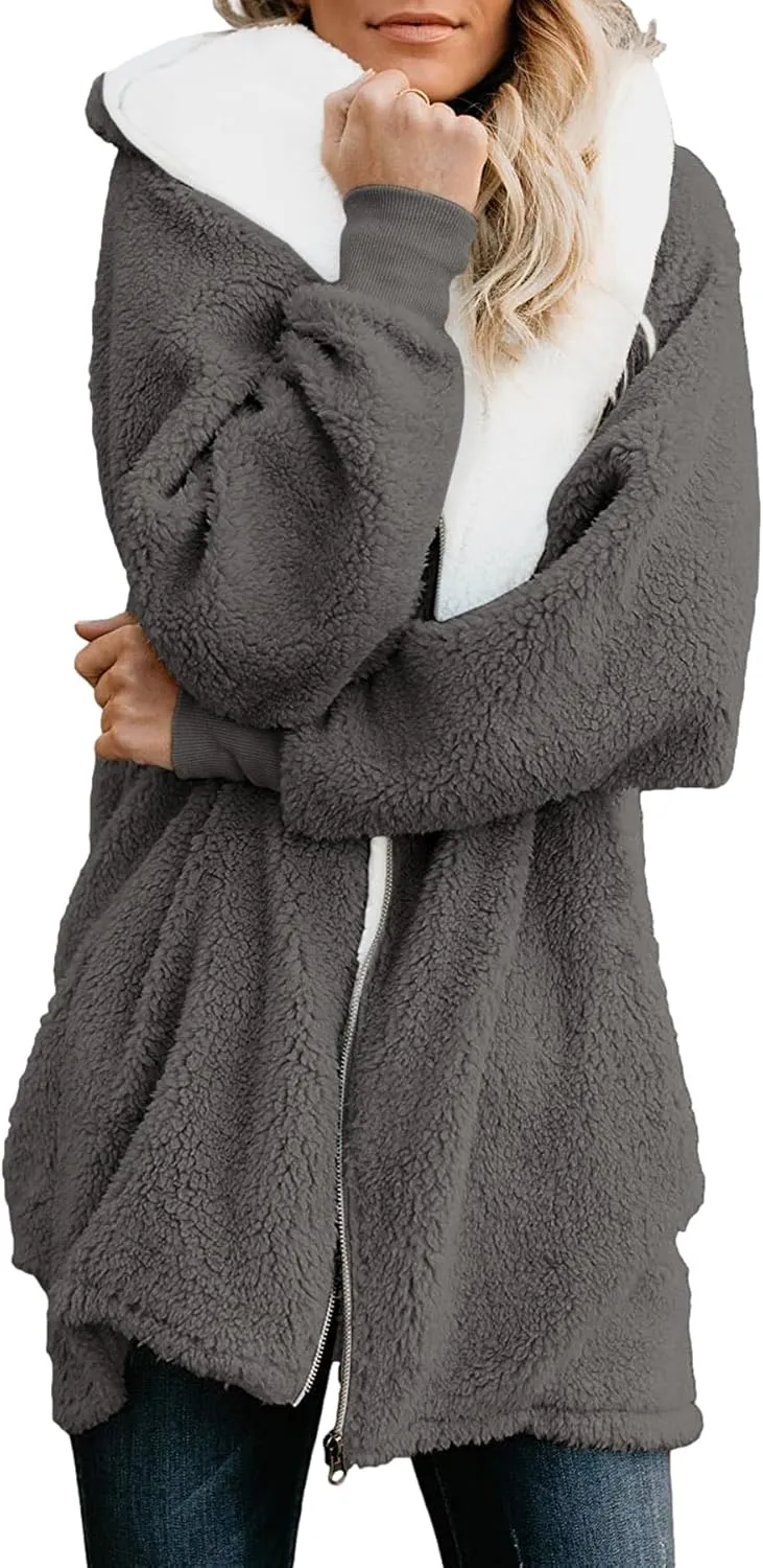 ReachMe Womens Fleece Zip Up Jacket with Pockets Oversized Long Sherpa Hoodie Fuzzy Jackets Warm Teddy Coat