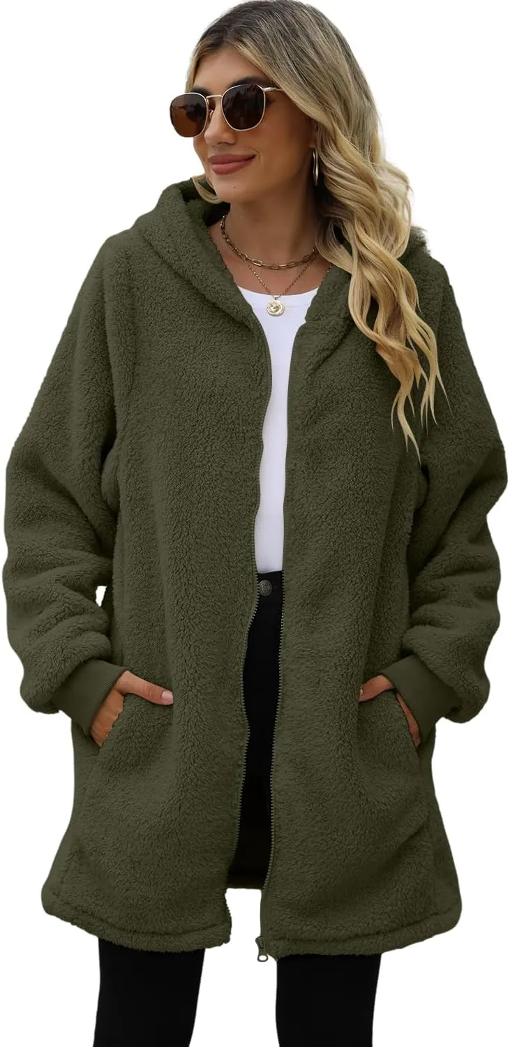 ReachMe Womens Fleece Zip Up Jacket with Pockets Oversized Long Sherpa Hoodie Fuzzy Jackets Warm Teddy Coat