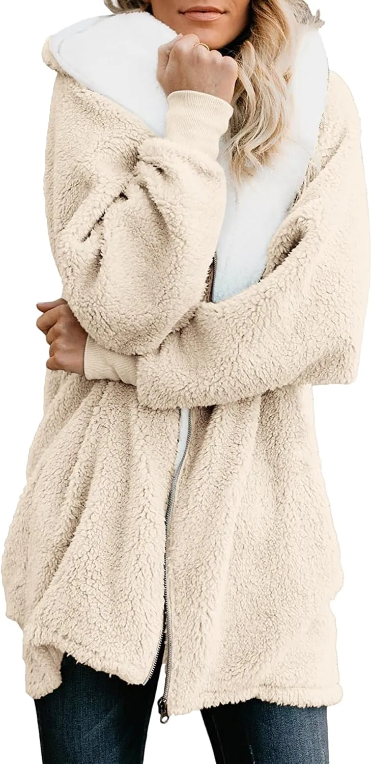 ReachMe Womens Fleece Zip Up Jacket with Pockets Oversized Long Sherpa Hoodie Fuzzy Jackets Warm Teddy Coat