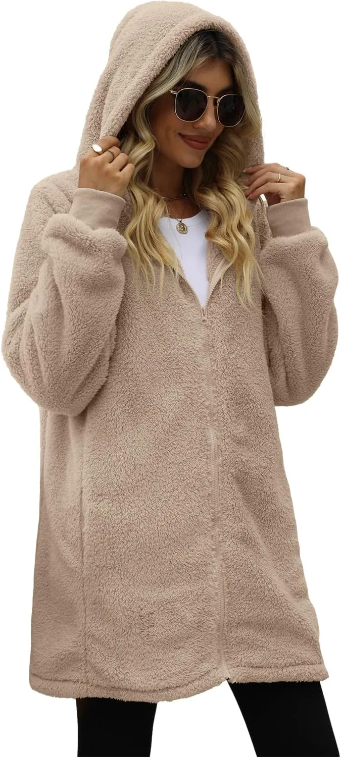 ReachMe Womens Fleece Zip Up Jacket with Pockets Oversized Long Sherpa Hoodie Fuzzy Jackets Warm Teddy Coat