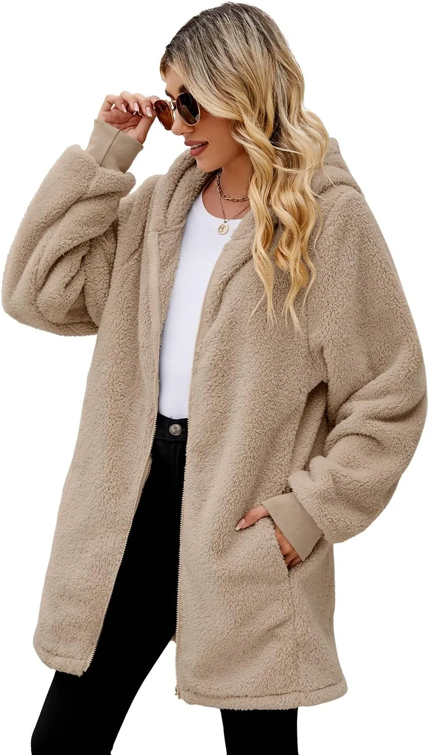 ReachMe Womens Fleece Zip Up Jacket with Pockets Oversized Long Sherpa Hoodie Fuzzy Jackets Warm Teddy Coat