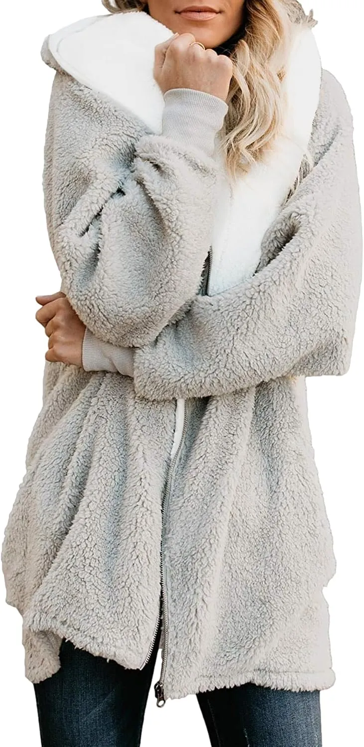 ReachMe Womens Fleece Zip Up Jacket with Pockets Oversized Long Sherpa Hoodie Fuzzy Jackets Warm Teddy Coat