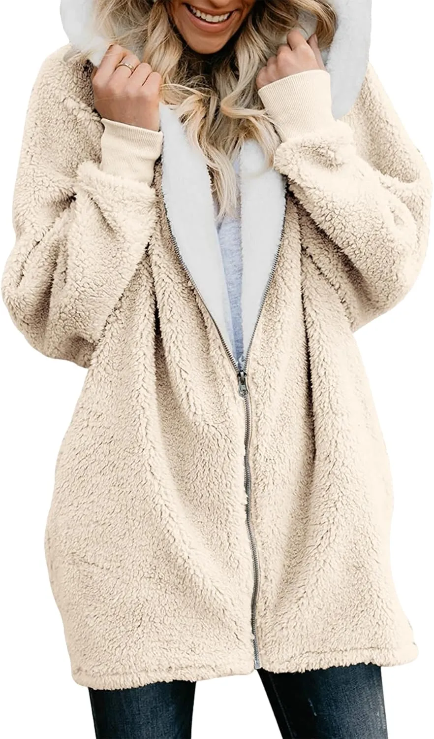 ReachMe Womens Fleece Zip Up Jacket with Pockets Oversized Long Sherpa Hoodie Fuzzy Jackets Warm Teddy Coat