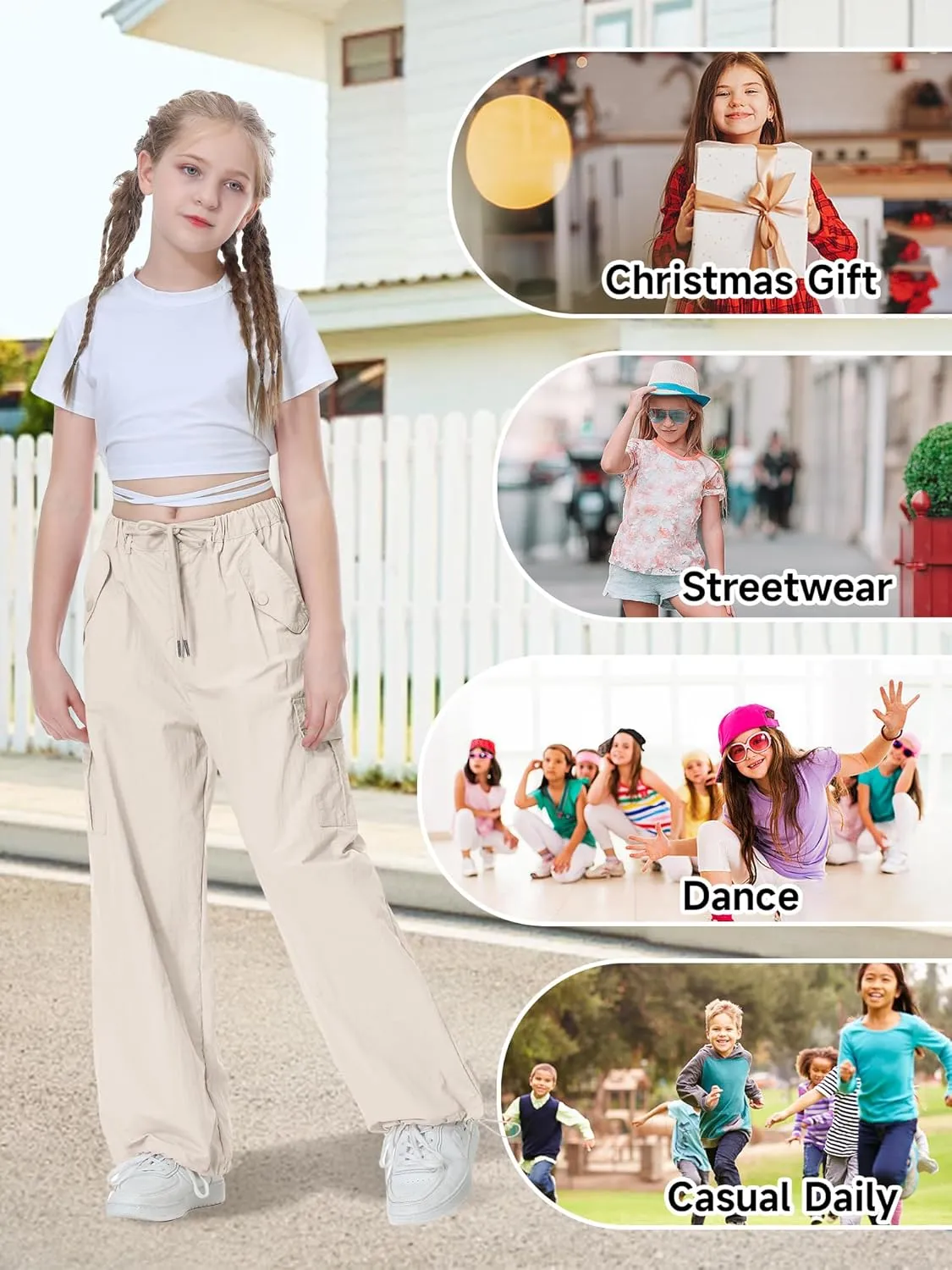 Rolanko Parachute Pants for Girls Y2K Cargo Trousers with Pockets Harajuku Jogger Pants Kids 4-14 Years