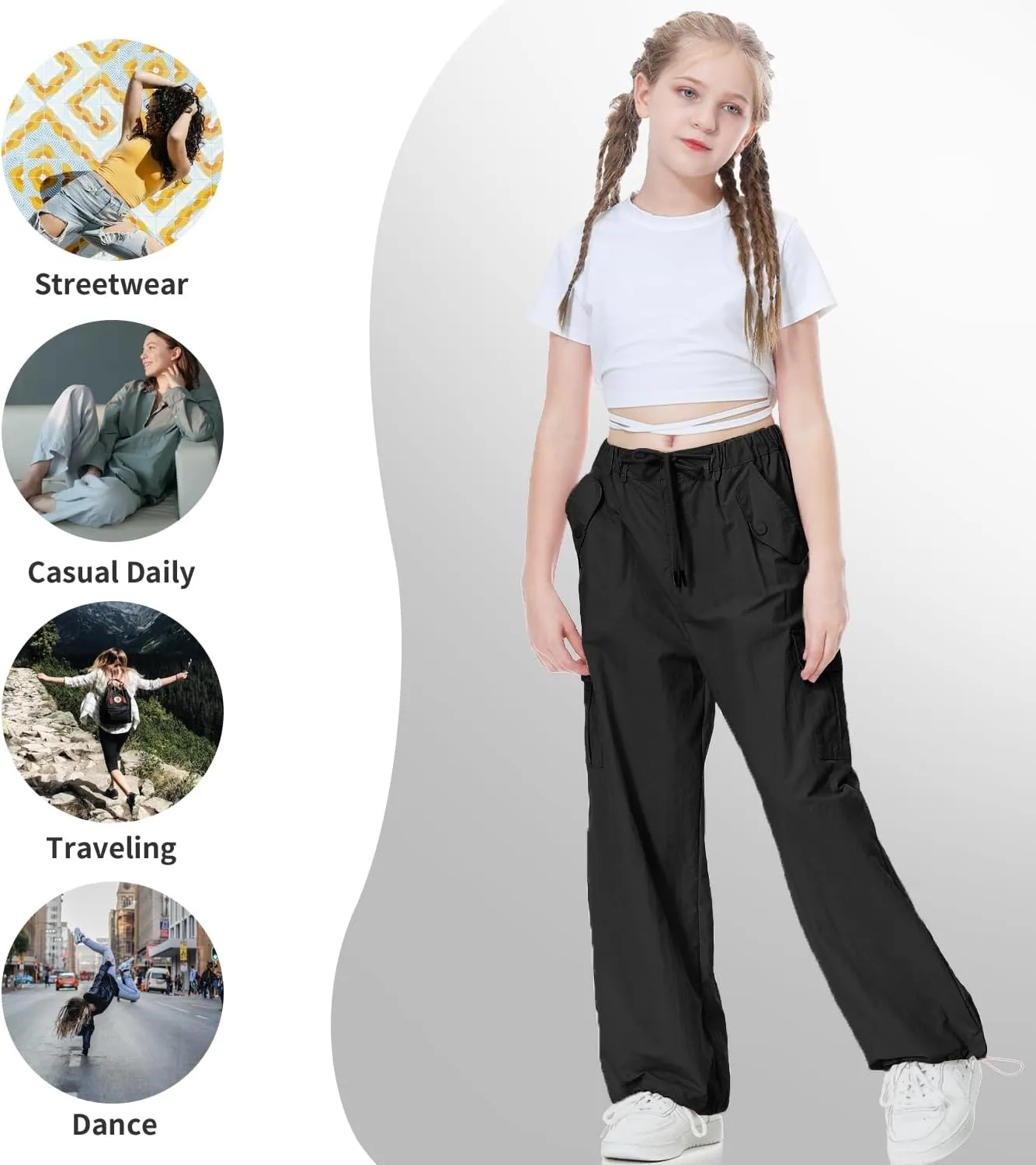 Rolanko Parachute Pants for Girls Y2K Cargo Trousers with Pockets Harajuku Jogger Pants Kids 4-14 Years
