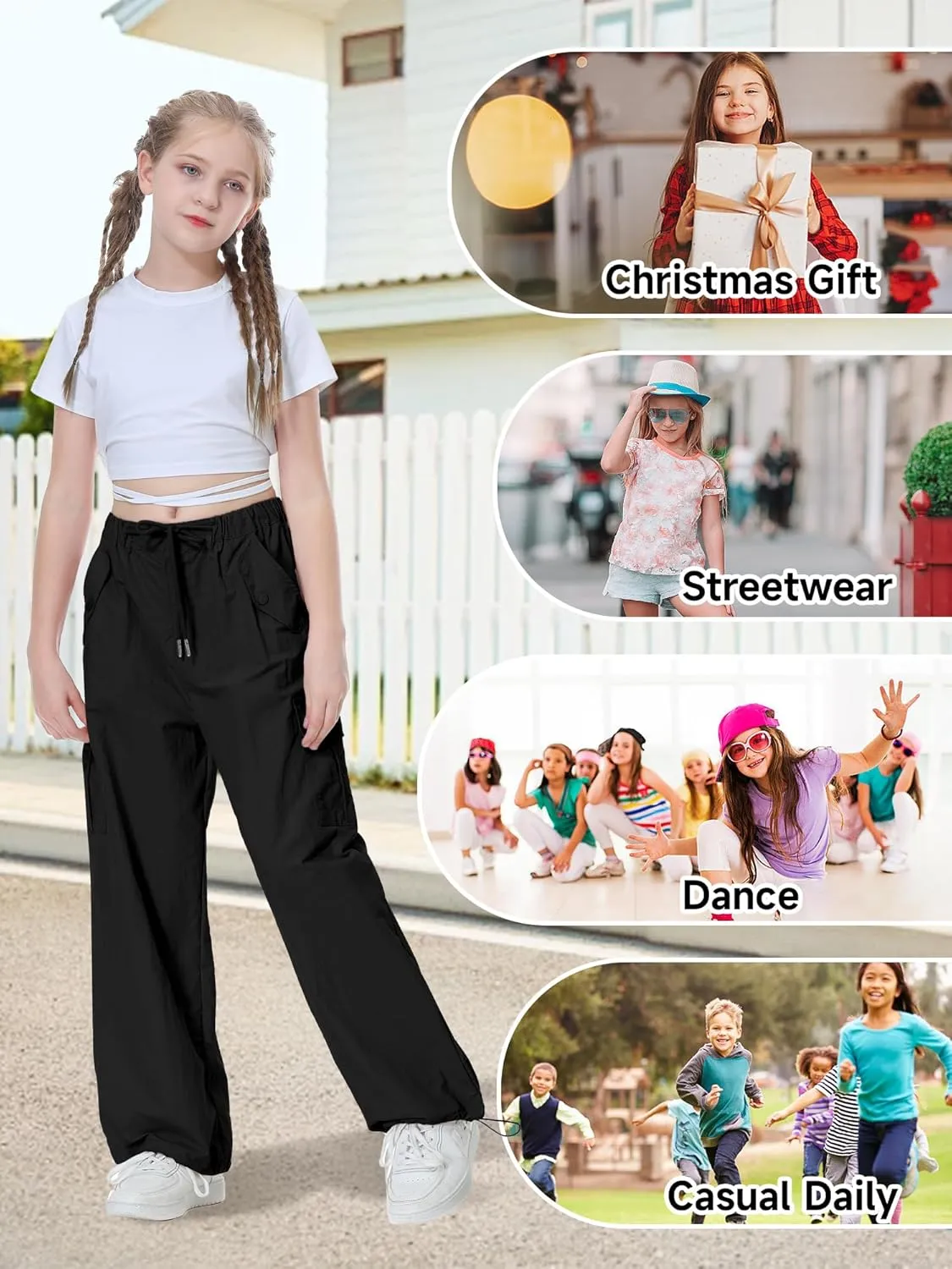 Rolanko Parachute Pants for Girls Y2K Cargo Trousers with Pockets Harajuku Jogger Pants Kids 4-14 Years