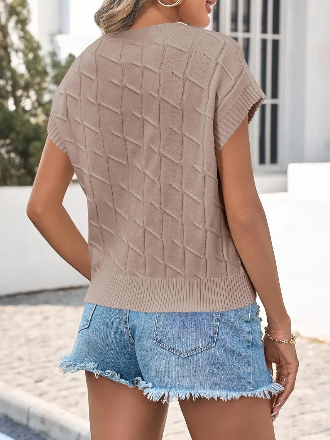 Saodimallsu Womens Cap Sleeve Sweater Tops Cable Knit Crew Neck Summer Lightweight Oversized Loose Vest Top