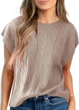 Saodimallsu Womens Cap Sleeve Sweater Tops Cable Knit Crew Neck Summer Lightweight Oversized Loose Vest Top