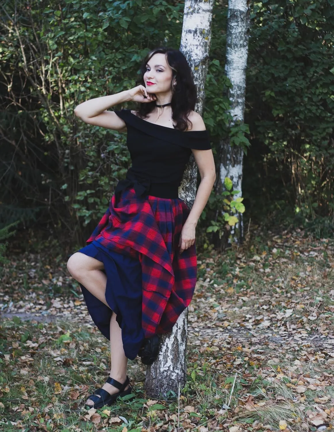 Scarlet Darkness Plaid Skirts for Women High Waist Long Skirt with Pockets