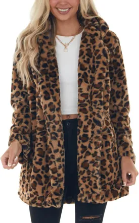 SeekMe Womens Faux Fur Coats Leopard Jackets Loose Warm Fall Winter Fluffy Jacket Outwear