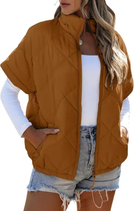 SHEWIN Quilted Jackets For Women 2024 Casual Lightweight Short Sleeve Zip Up Warm Vests