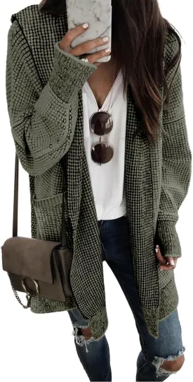 Sidefeel Women's Cardigan Sweaters Hooded Oversized Open Front Chunky Knit Plaid Sweater Coat Fall Fashion Tops