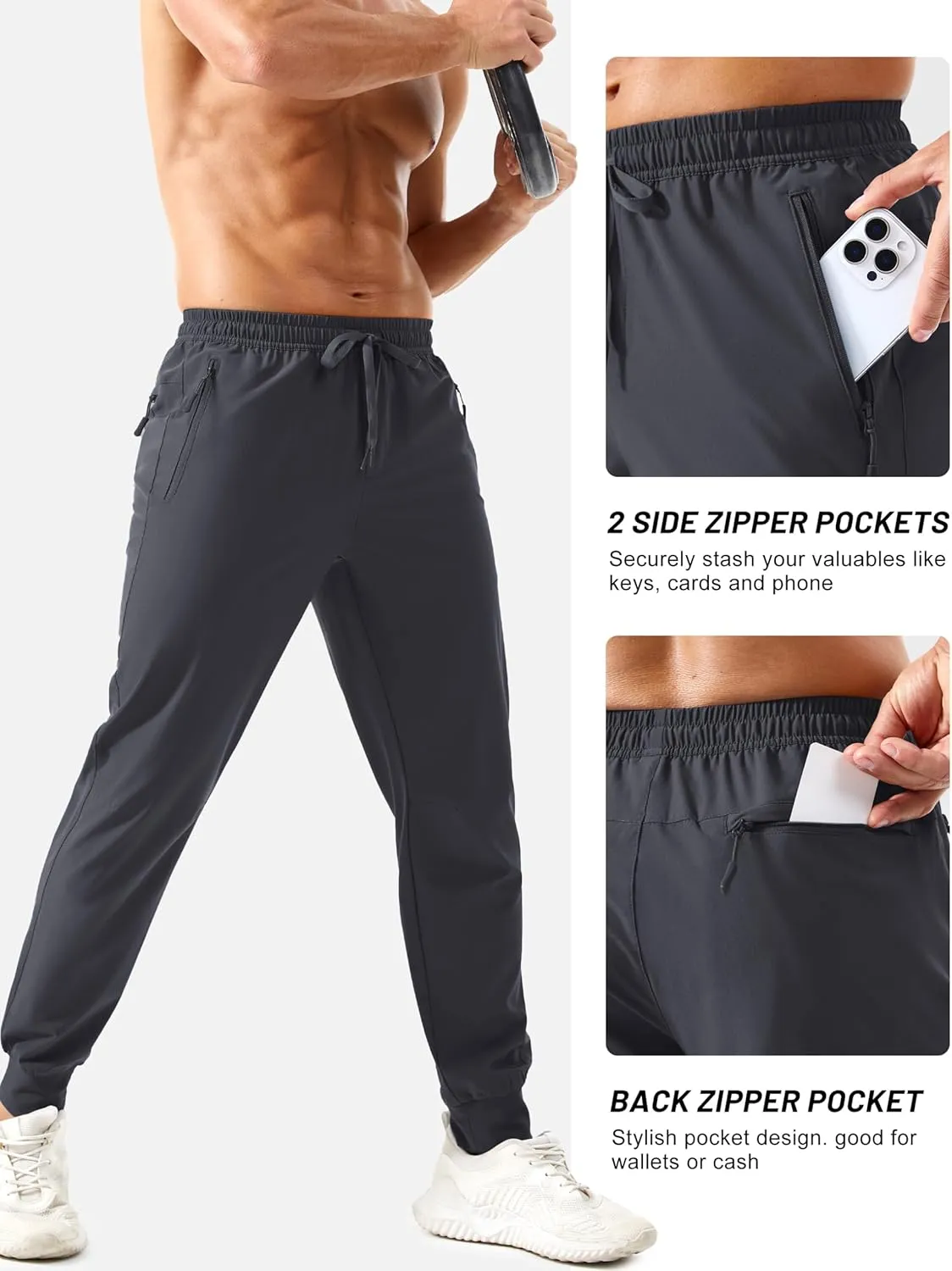 TACVASEN Men's Lightweight Athletic Joggers with Zipper Pockets Quick Dry Track Pants for Men Gym Sweatpants Workout Golf