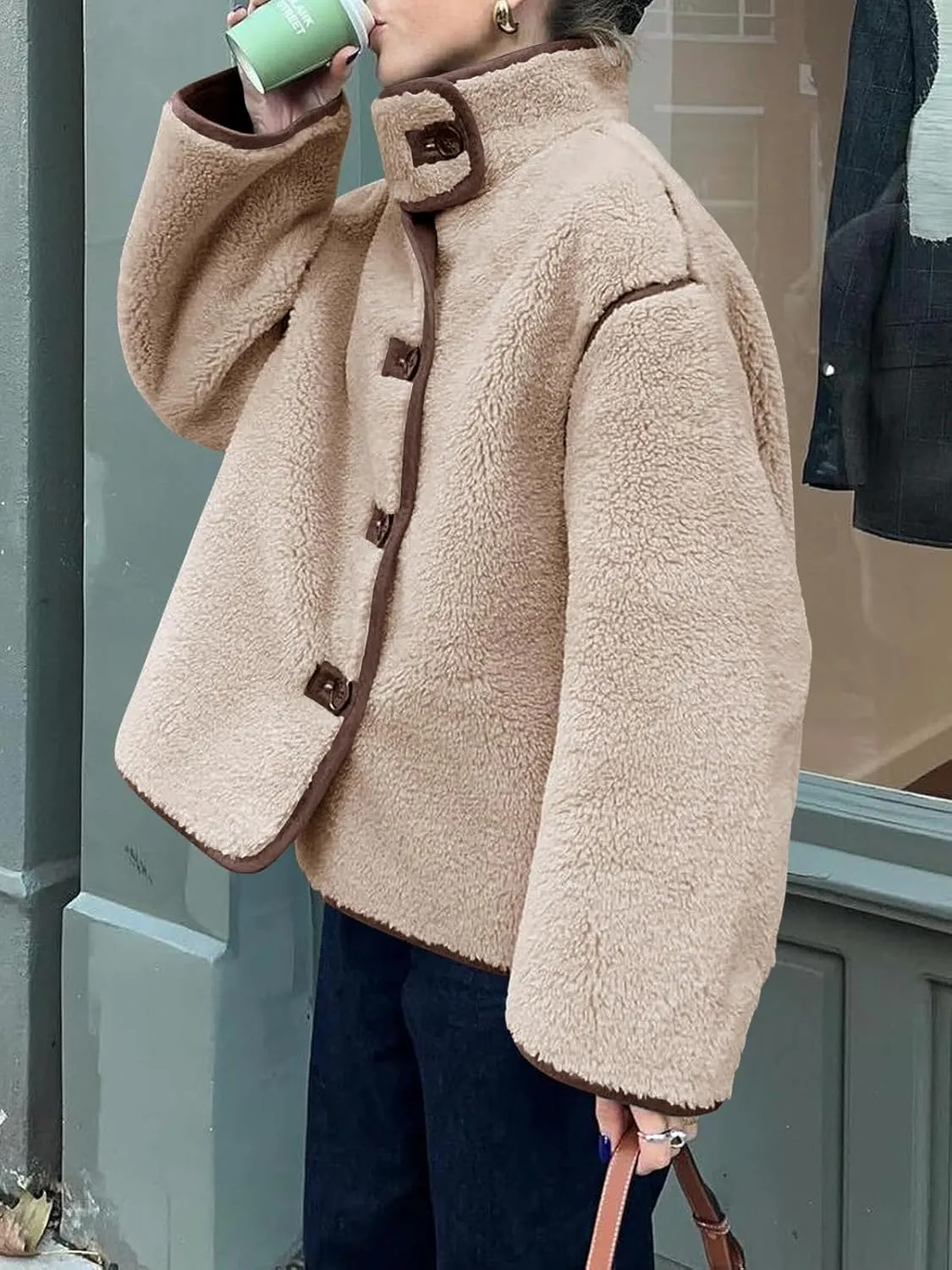 Tankaneo Womens Faux Fur Jackets Warm Winter Casual Button Down Stand Collar Long Sleeve Shaggy Outwear Coats