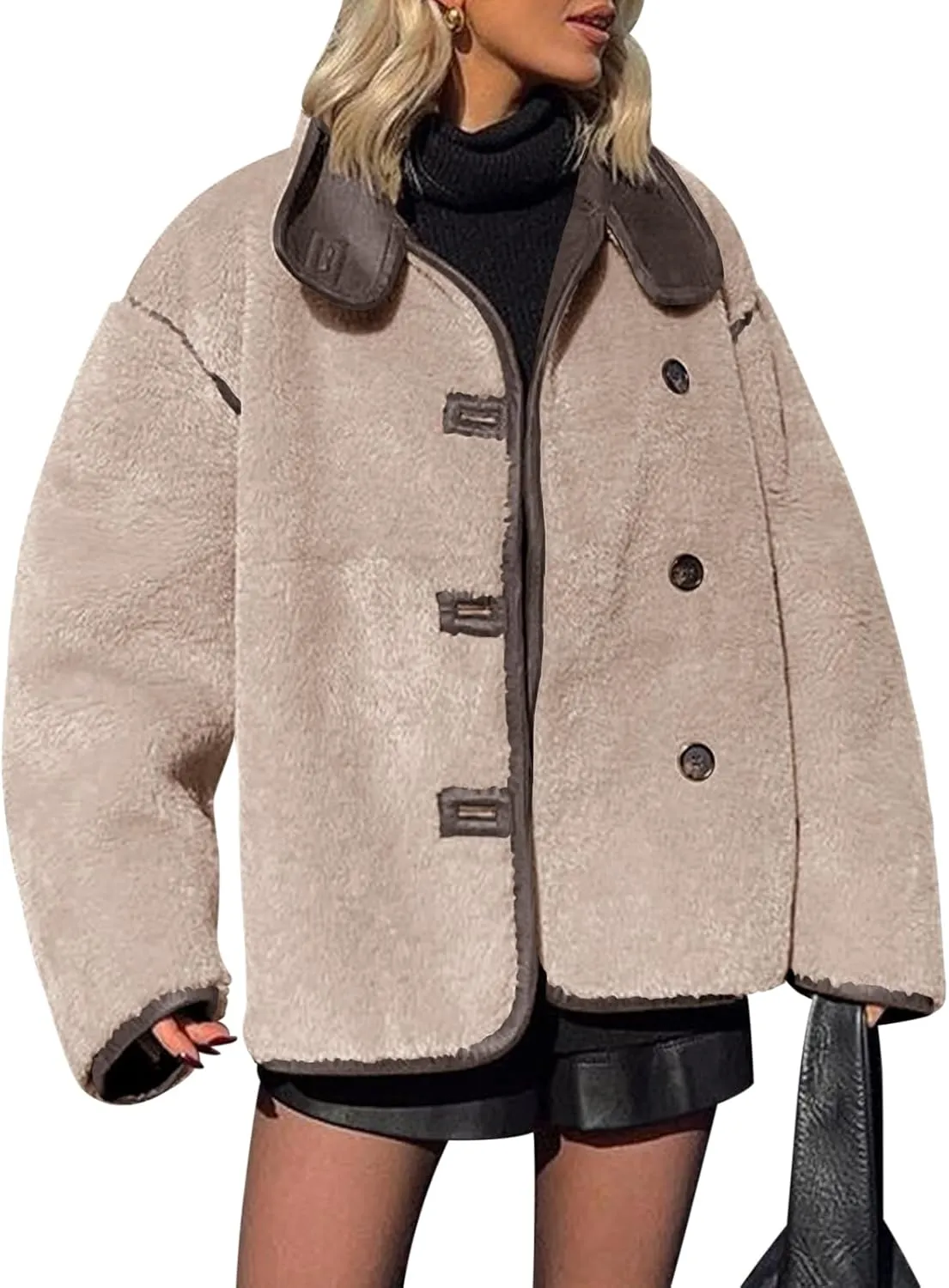 Tankaneo Womens Faux Fur Jackets Warm Winter Casual Button Down Stand Collar Long Sleeve Shaggy Outwear Coats