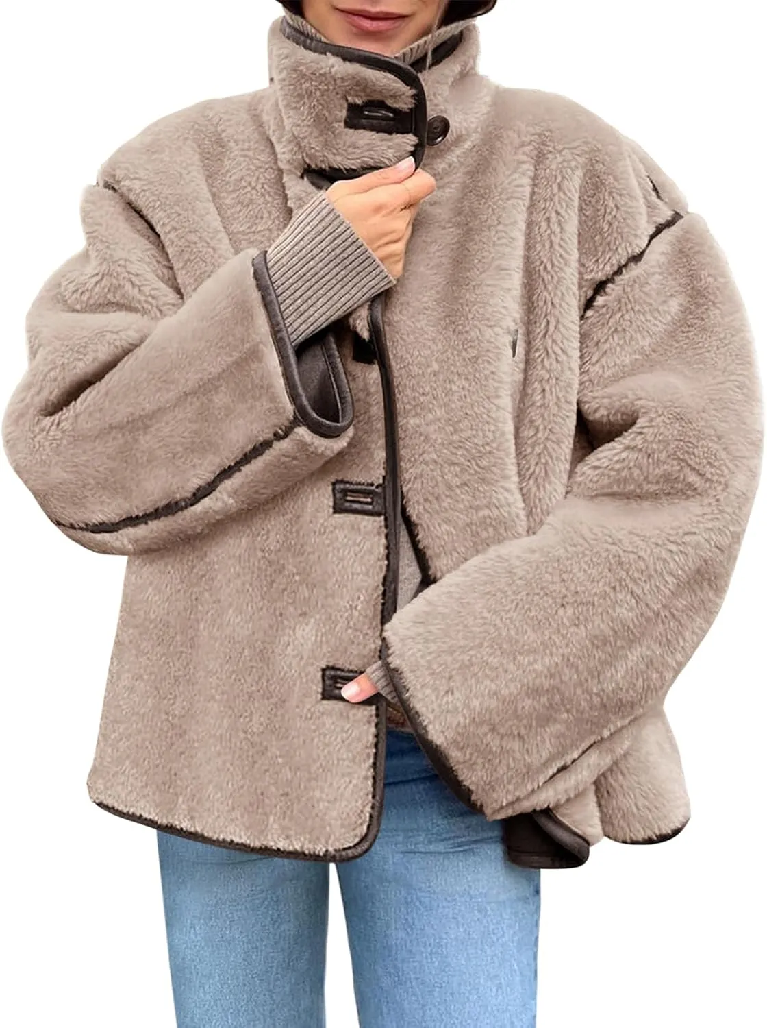 Tankaneo Womens Faux Fur Jackets Warm Winter Casual Button Down Stand Collar Long Sleeve Shaggy Outwear Coats