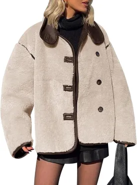 Tankaneo Womens Faux Fur Jackets Warm Winter Casual Button Down Stand Collar Long Sleeve Shaggy Outwear Coats