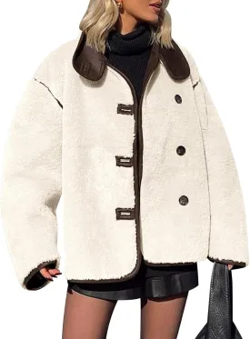 Tankaneo Womens Faux Fur Jackets Warm Winter Casual Button Down Stand Collar Long Sleeve Shaggy Outwear Coats