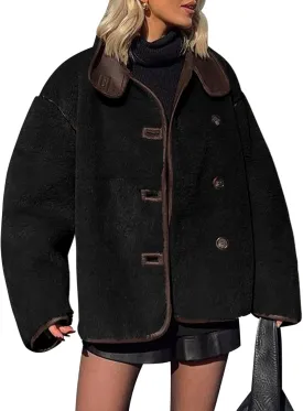Tankaneo Womens Faux Fur Jackets Warm Winter Casual Button Down Stand Collar Long Sleeve Shaggy Outwear Coats