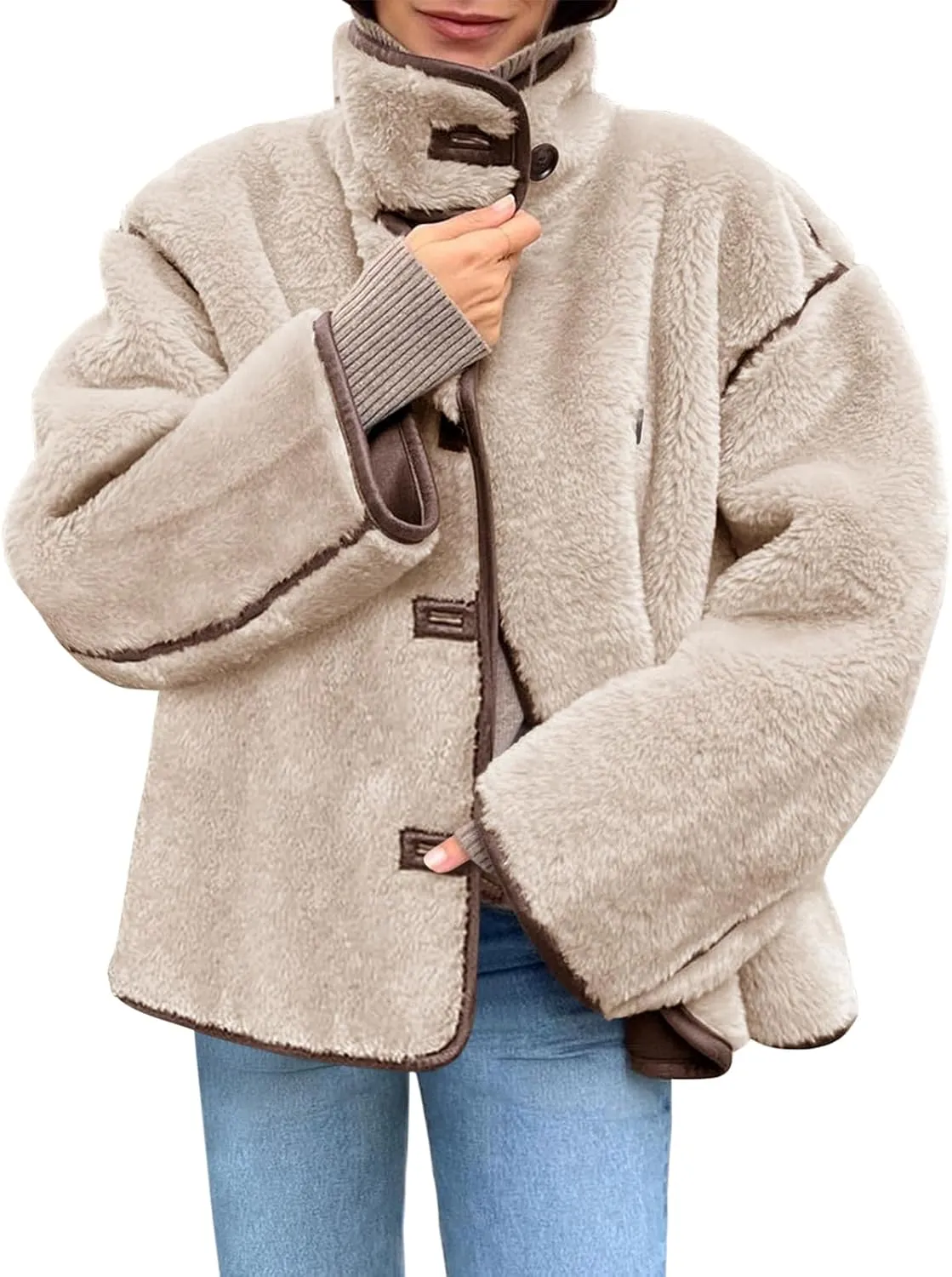 Tankaneo Womens Faux Fur Jackets Warm Winter Casual Button Down Stand Collar Long Sleeve Shaggy Outwear Coats
