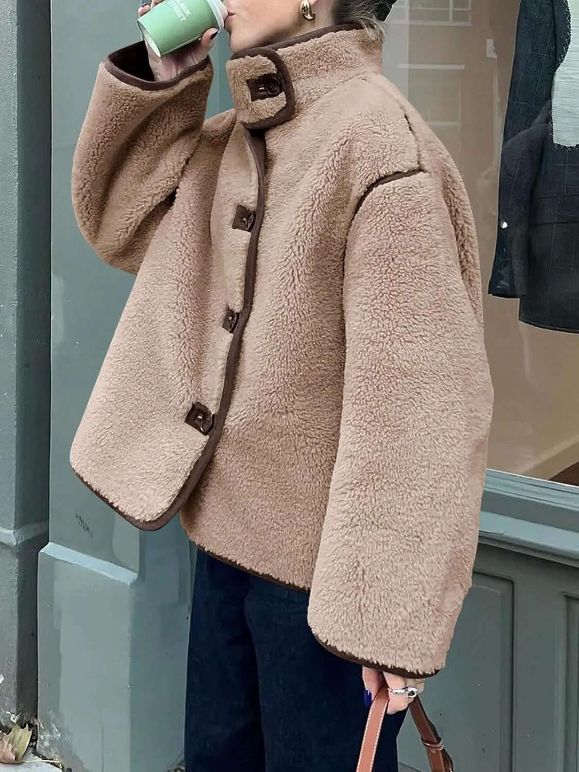 Tankaneo Womens Faux Fur Jackets Warm Winter Casual Button Down Stand Collar Long Sleeve Shaggy Outwear Coats