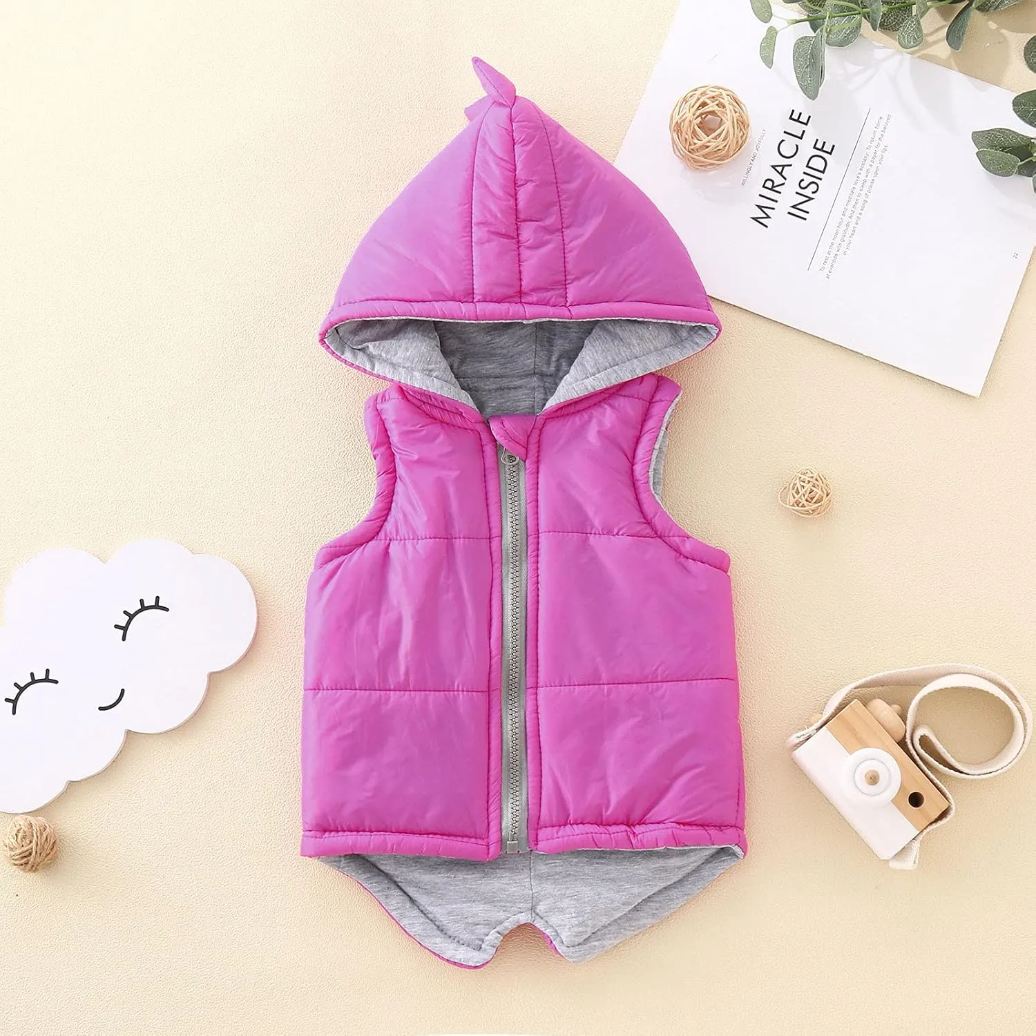 Toddler Baby Boys Girls 3D Dinosaur Puffer Vest Cotton Lined Sleeveless Hooded Jacket Solid Kids Fall Winter Outwear