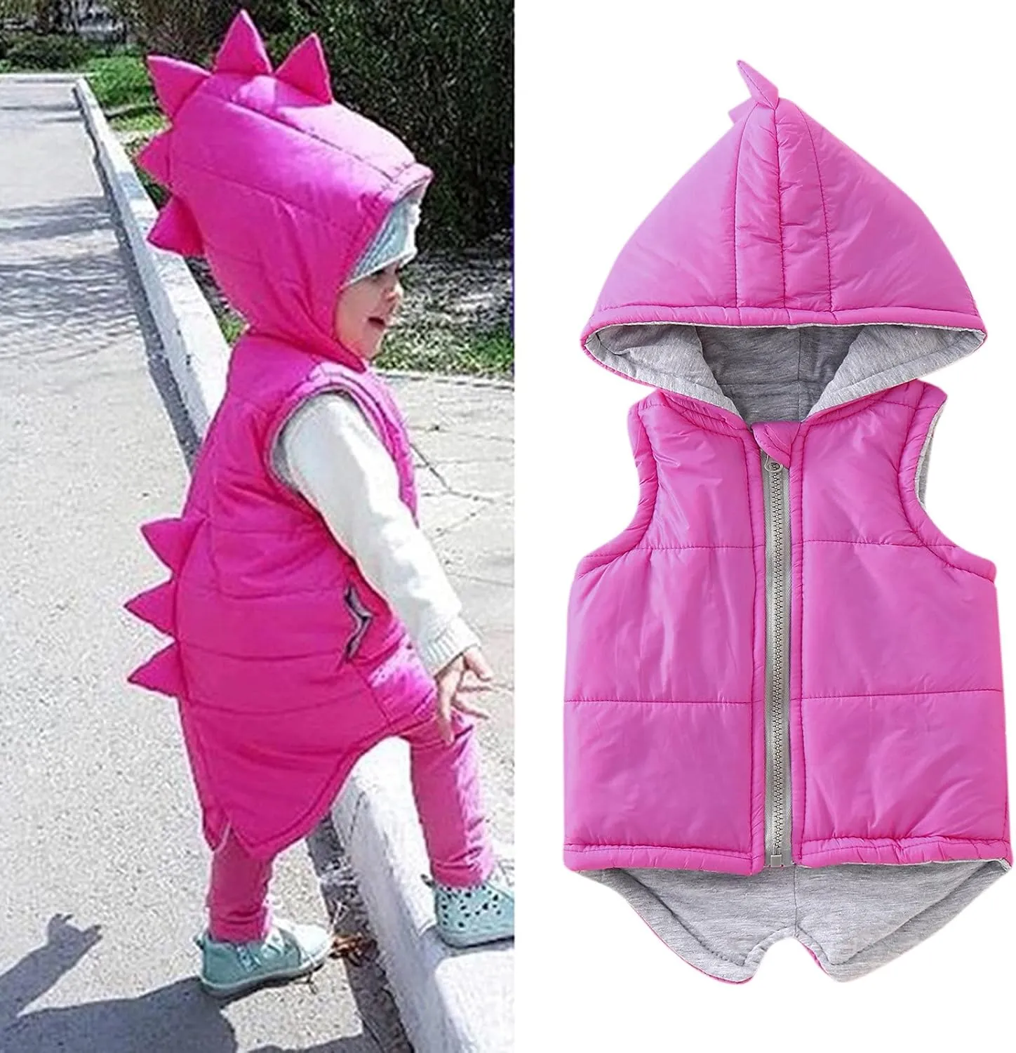 Toddler Baby Boys Girls 3D Dinosaur Puffer Vest Cotton Lined Sleeveless Hooded Jacket Solid Kids Fall Winter Outwear