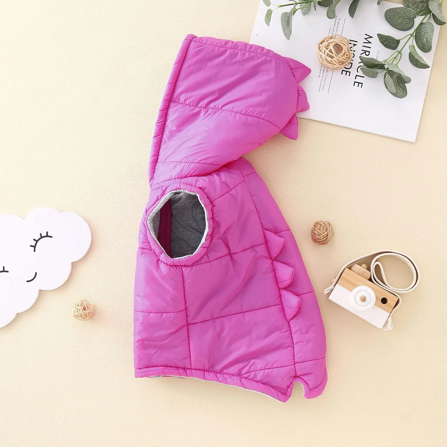 Toddler Baby Boys Girls 3D Dinosaur Puffer Vest Cotton Lined Sleeveless Hooded Jacket Solid Kids Fall Winter Outwear