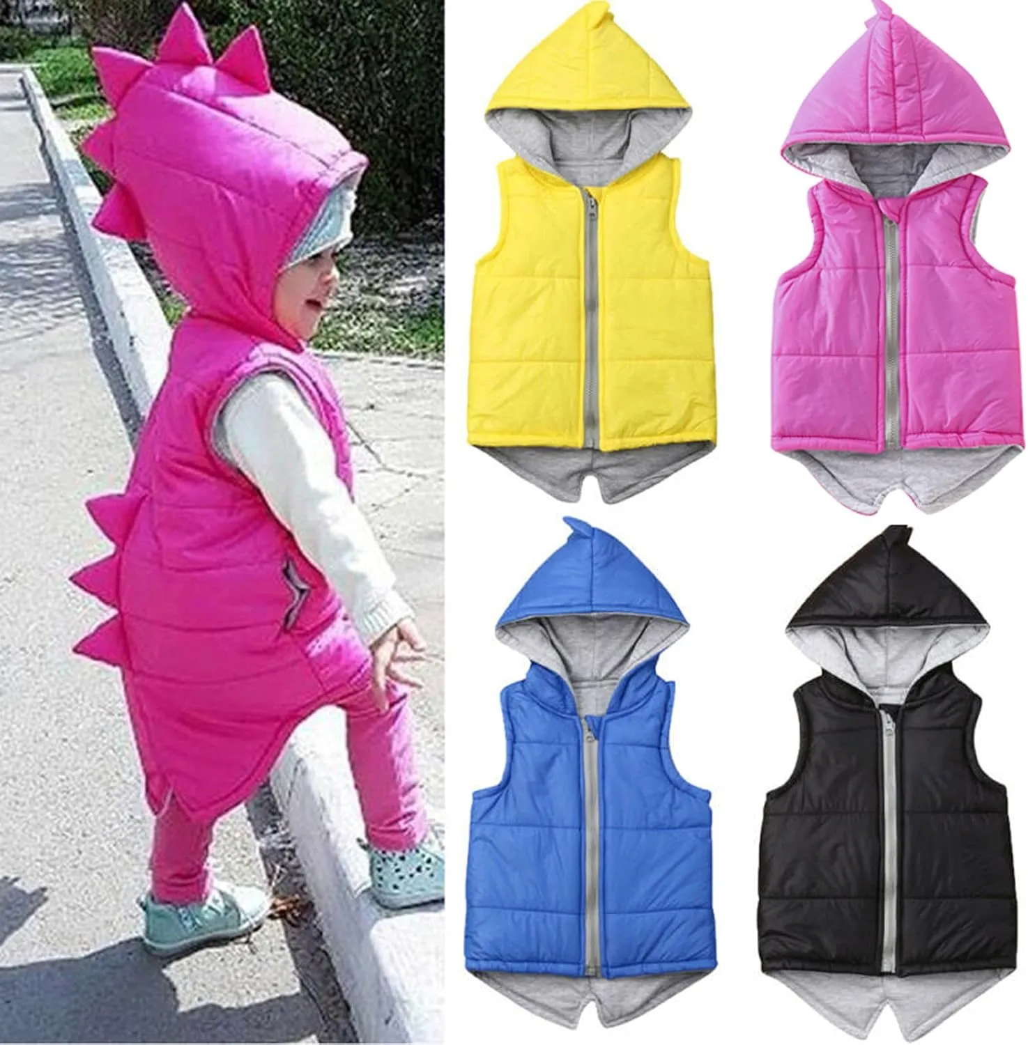 Toddler Baby Boys Girls 3D Dinosaur Puffer Vest Cotton Lined Sleeveless Hooded Jacket Solid Kids Fall Winter Outwear