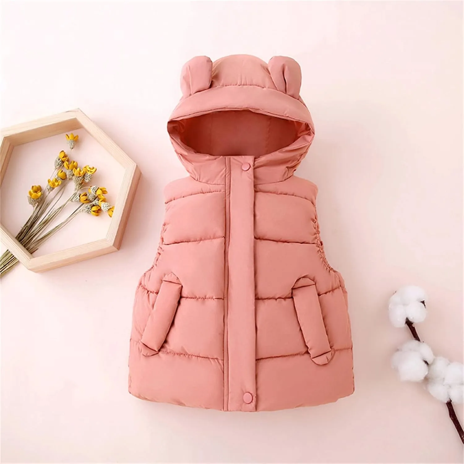 Toddler Boys Girls Light Puffer Vest Coat Bear Ears Hooded Sleeveless Zip Up Outwear Baby Winter Warm Down Jacket