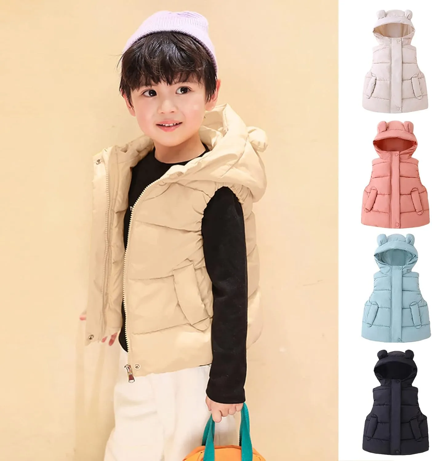 Toddler Boys Girls Light Puffer Vest Coat Bear Ears Hooded Sleeveless Zip Up Outwear Baby Winter Warm Down Jacket