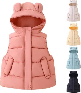 Toddler Boys Girls Light Puffer Vest Coat Bear Ears Hooded Sleeveless Zip Up Outwear Baby Winter Warm Down Jacket