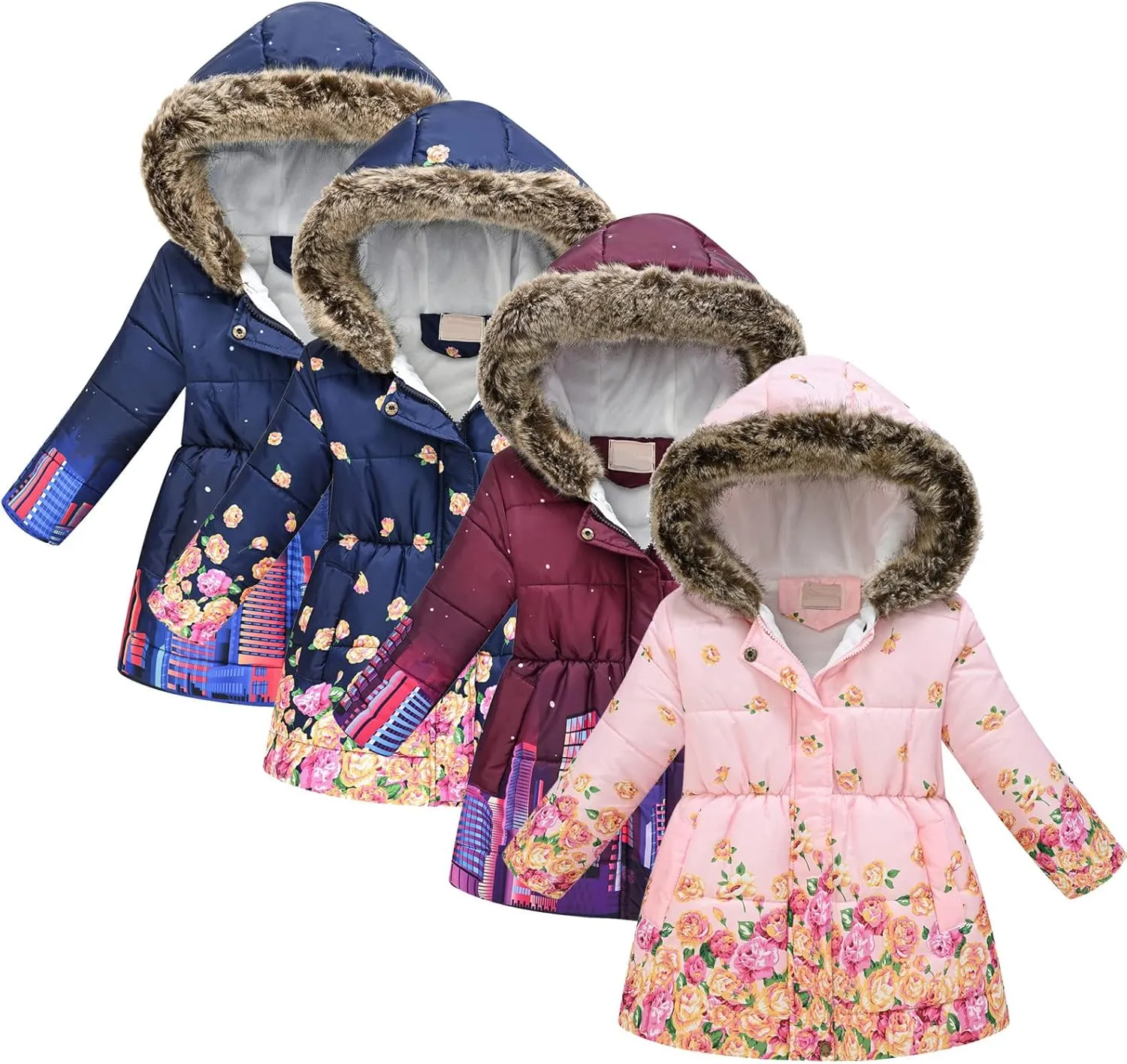 Toddler Girls' Winter Coat Insulated Long Parka Hooded Puffer Jacket with Faux Fur Collar Kids Fleece Lined Down Coat
