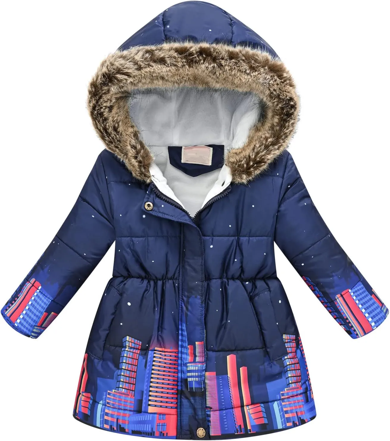 Toddler Girls' Winter Coat Insulated Long Parka Hooded Puffer Jacket with Faux Fur Collar Kids Fleece Lined Down Coat