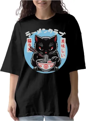 Tstars Kawaii Cat Eating Ramen Noodle Anime Shirt for Men Women Japanese Manga Unisex Oversized Shirts