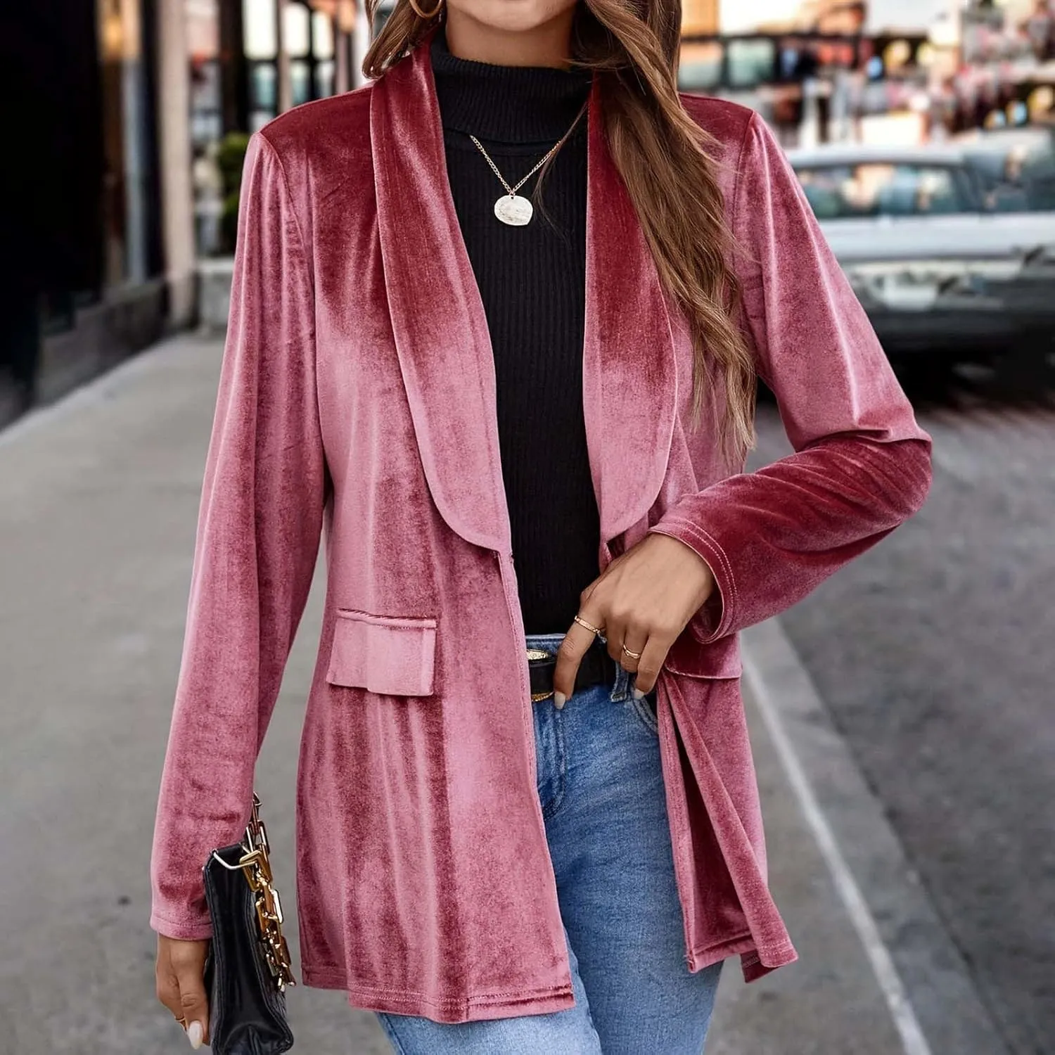 Velvet Blazer Jackets for Women Fashion Casual Open Front Long Sleeve Soft Cardigan Lapel Collar Suits Work Outfits