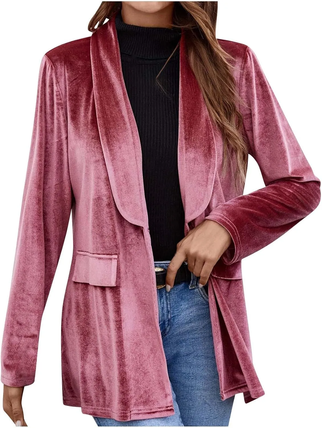 Velvet Blazer Jackets for Women Fashion Casual Open Front Long Sleeve Soft Cardigan Lapel Collar Suits Work Outfits
