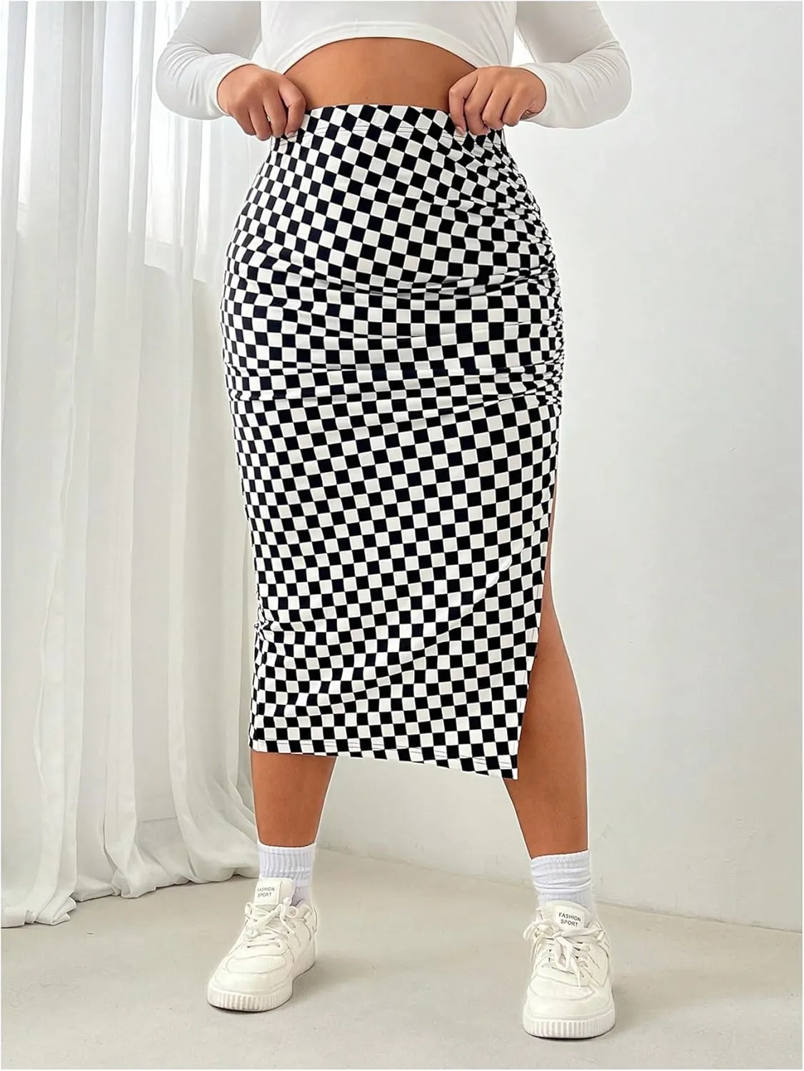 Verdusa Women's Plus Size Plaid Ruched Bodycon Skirts Split Midi Pencil Skirt