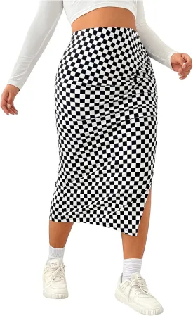 Verdusa Women's Plus Size Plaid Ruched Bodycon Skirts Split Midi Pencil Skirt
