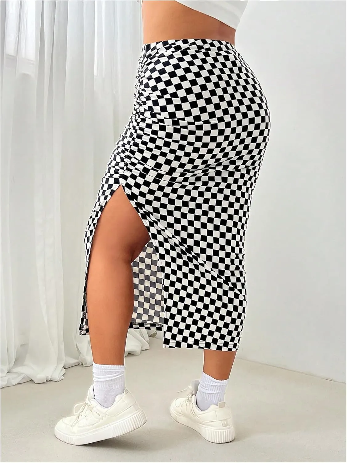Verdusa Women's Plus Size Plaid Ruched Bodycon Skirts Split Midi Pencil Skirt