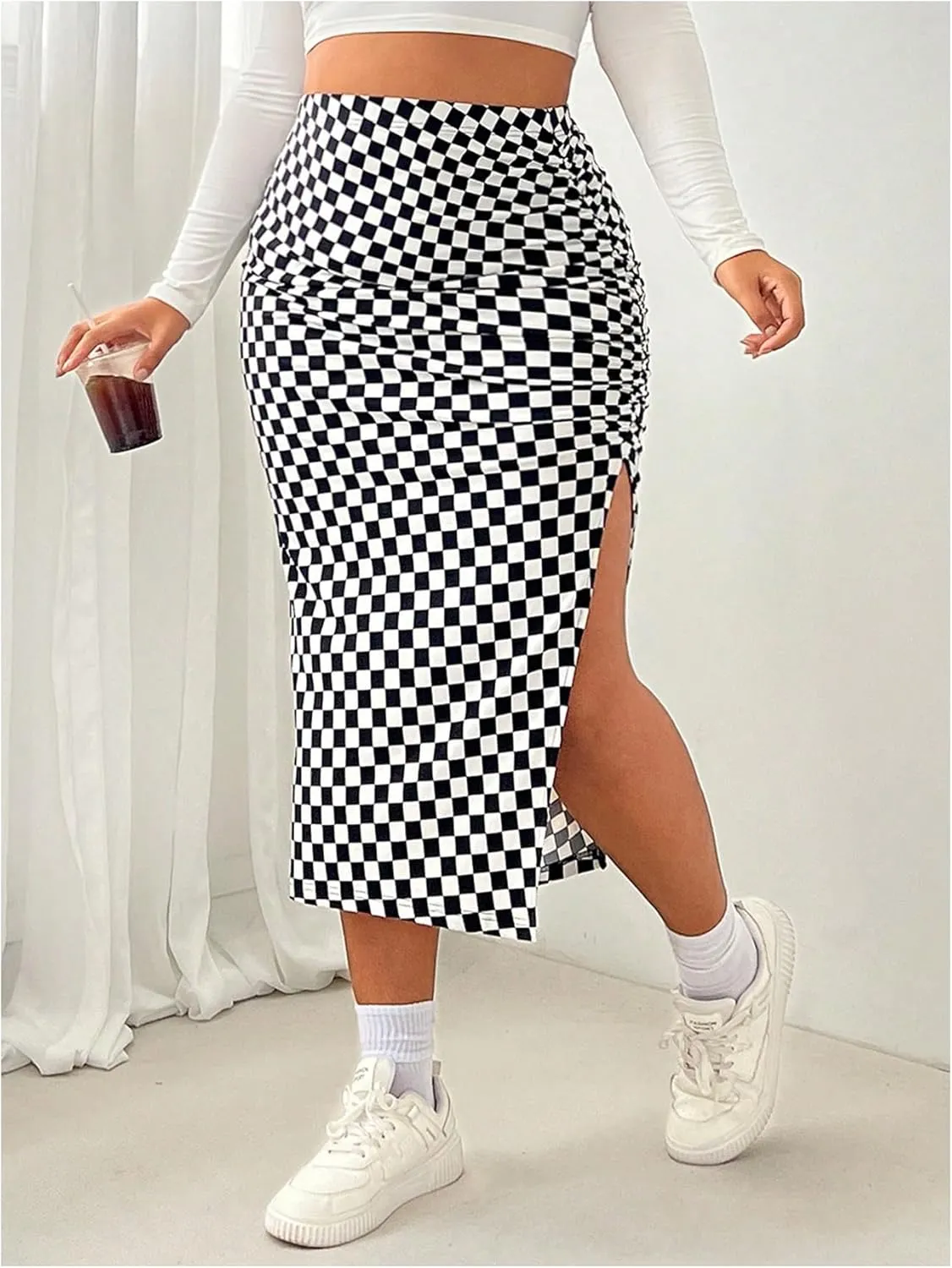 Verdusa Women's Plus Size Plaid Ruched Bodycon Skirts Split Midi Pencil Skirt