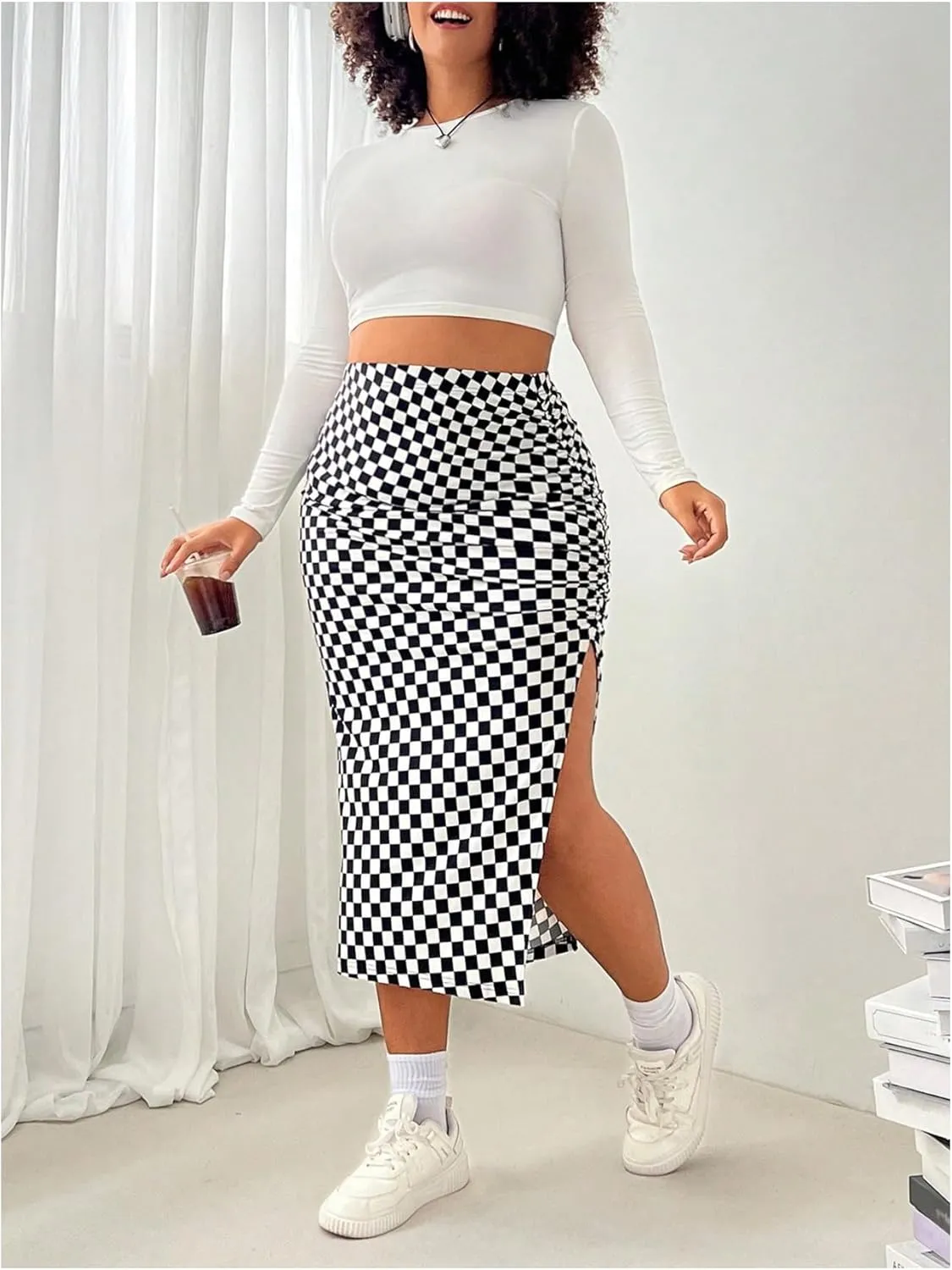 Verdusa Women's Plus Size Plaid Ruched Bodycon Skirts Split Midi Pencil Skirt